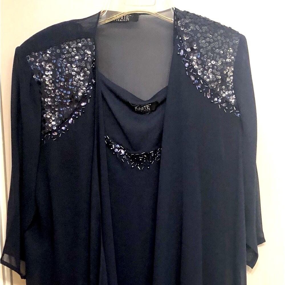 Ignite Evenings Blue Sequin Embellished Midi Dress with Jacket